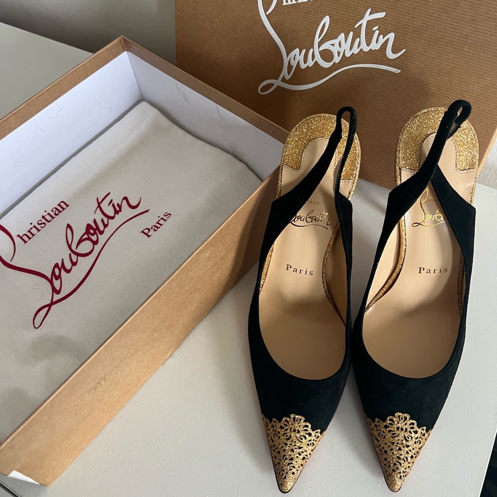 CHRISTIAN LOUBOUTIN
Almine Sling 120mm Black Glitter In Black/gold size 38 1/2